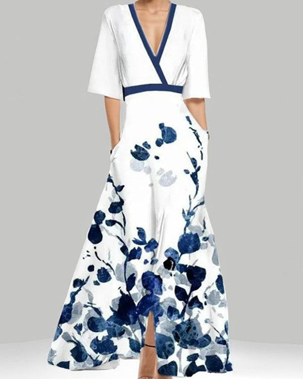 Lea | Elegancka Maxi Sukienka z Rękawem Średnim w Stylu Glam na Plaży