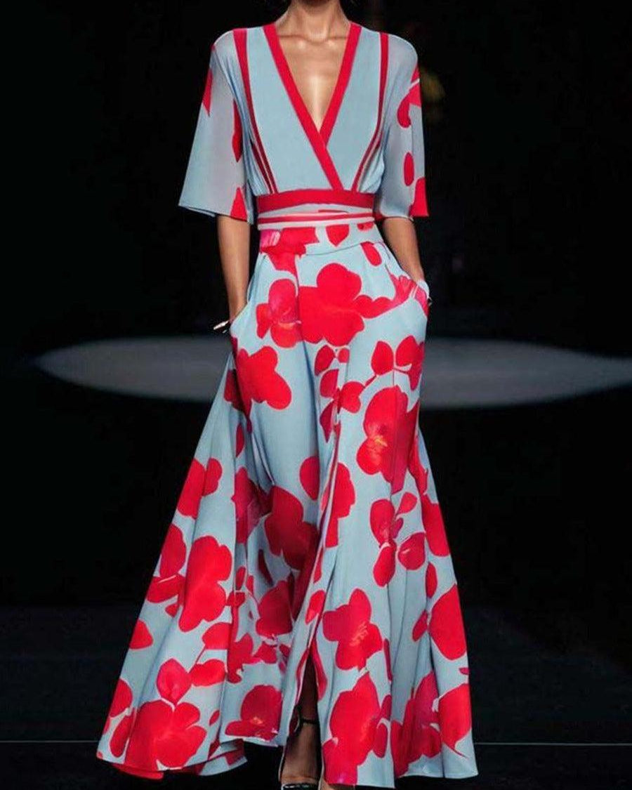 Lea | Elegancka Maxi Sukienka z Rękawem Średnim w Stylu Glam na Plaży
