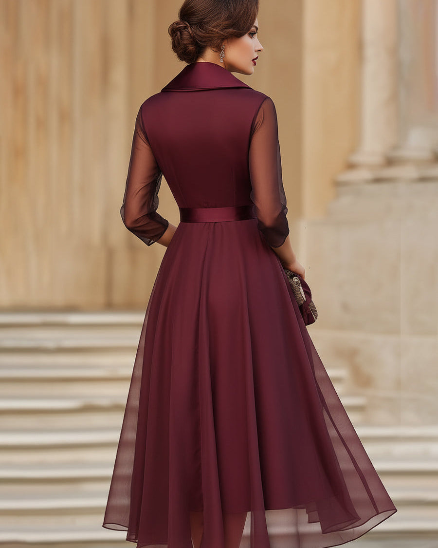 Elegancka Sukienka Midi z Przezroczystymi Rękawami