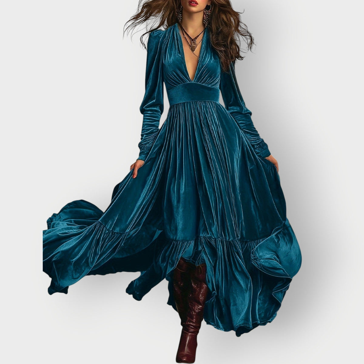 Alorae | Vintage A-Line Welurowa Sukienka Maxi