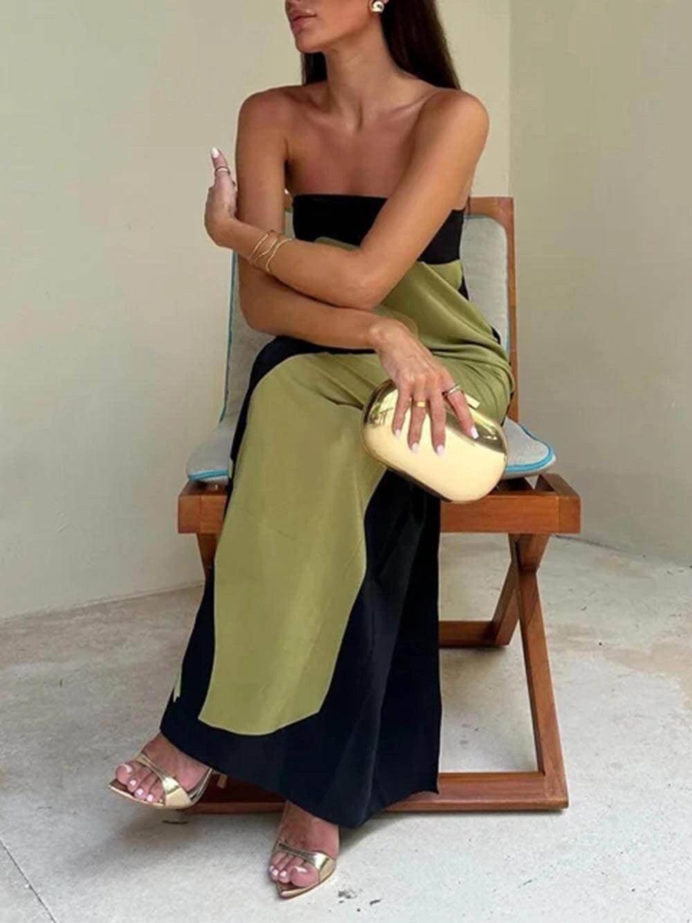 Joan | Letnia Sukienka Maxi bez Ramiączek w Stylu Coastal Chic