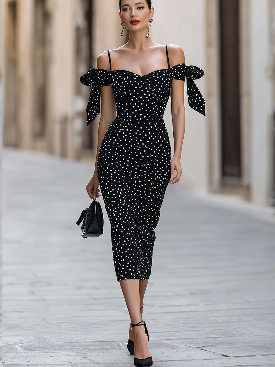 Sukienka Midi Bodycon Off-Shoulder z Akcentami Wstążek w Groszki