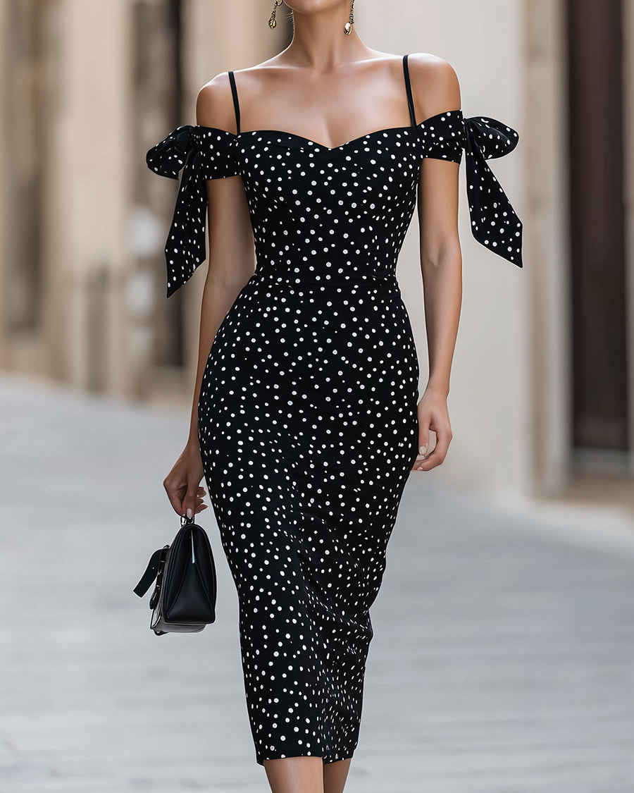 Sukienka Midi Bodycon Off-Shoulder z Akcentami Wstążek w Groszki