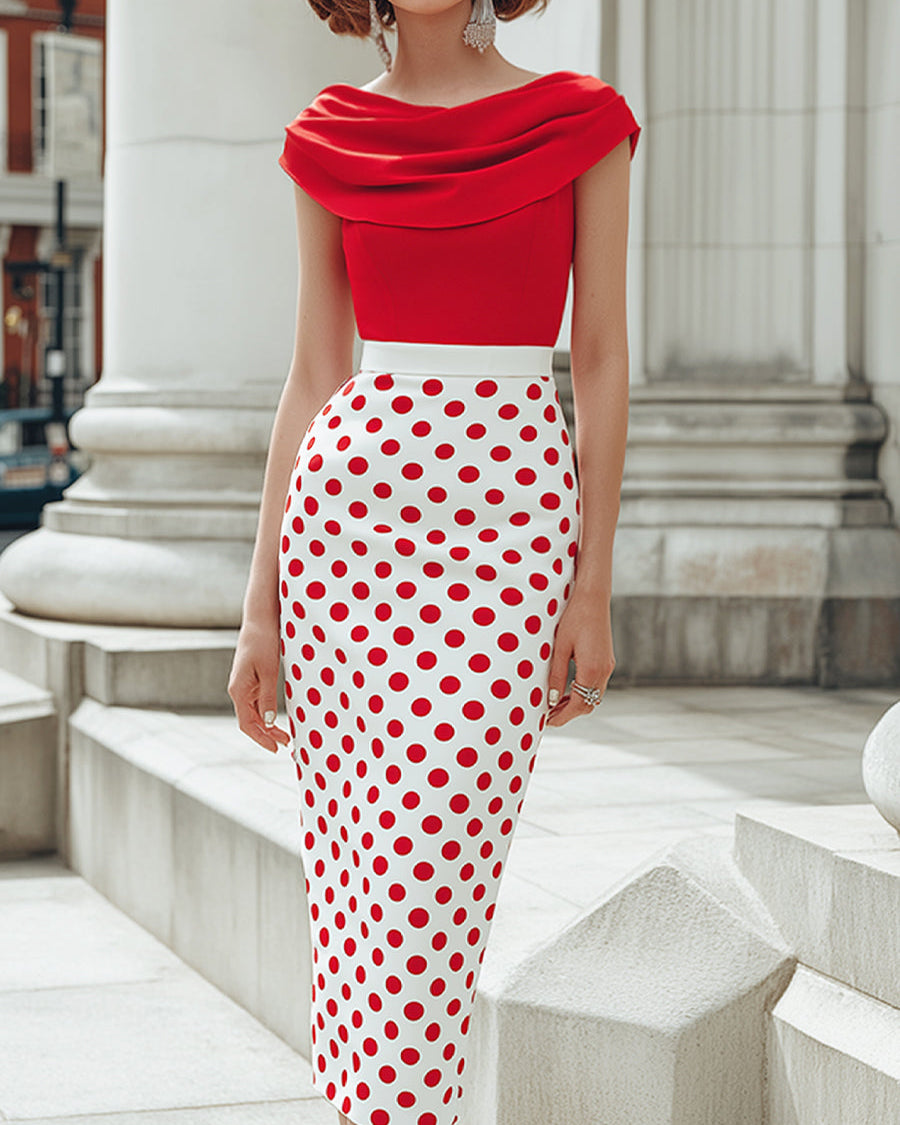 Sukienka midi o kroju z odkrytymi ramionami w kropki