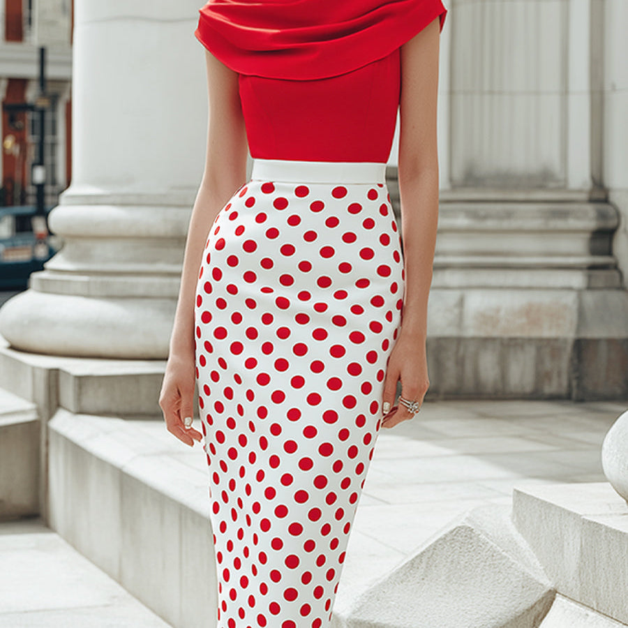 Sukienka midi o kroju z odkrytymi ramionami w kropki