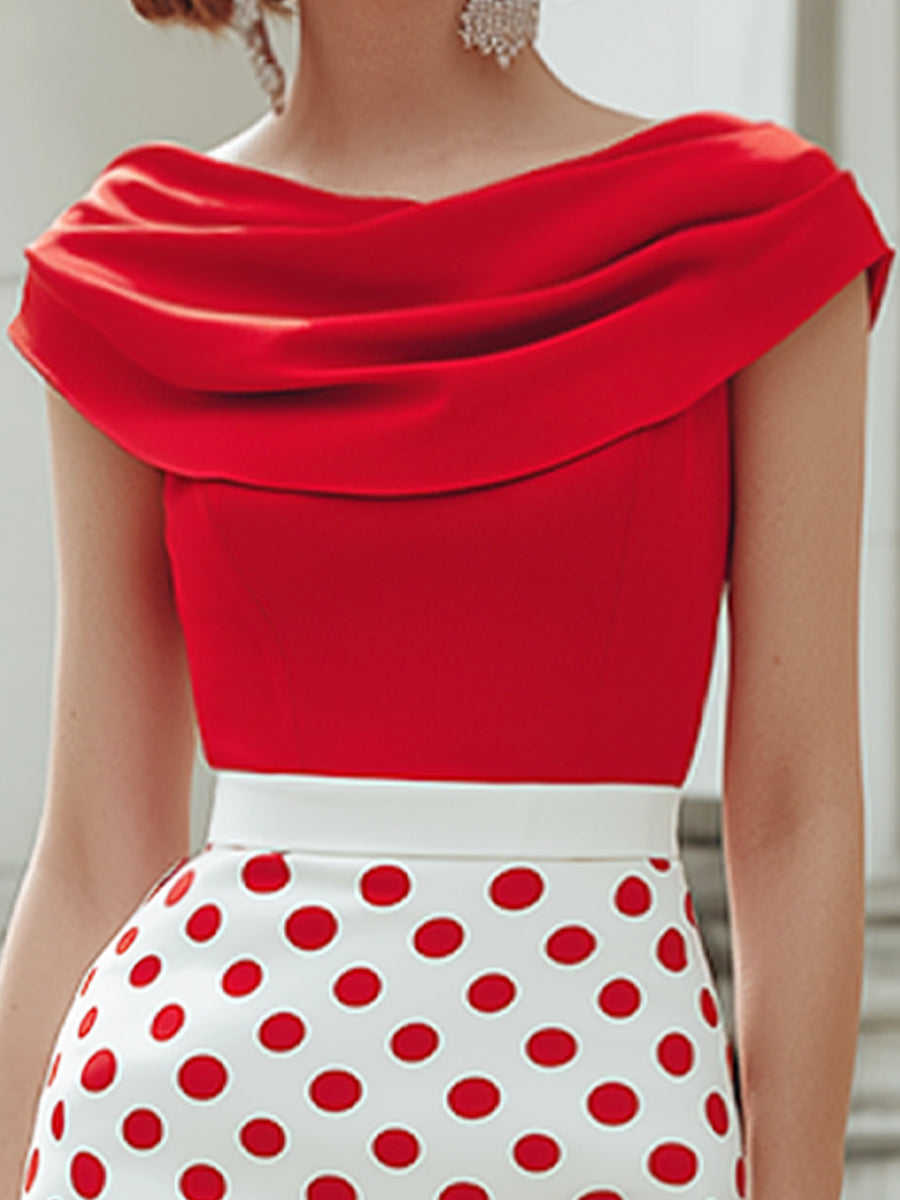 Sukienka midi o kroju z odkrytymi ramionami w kropki