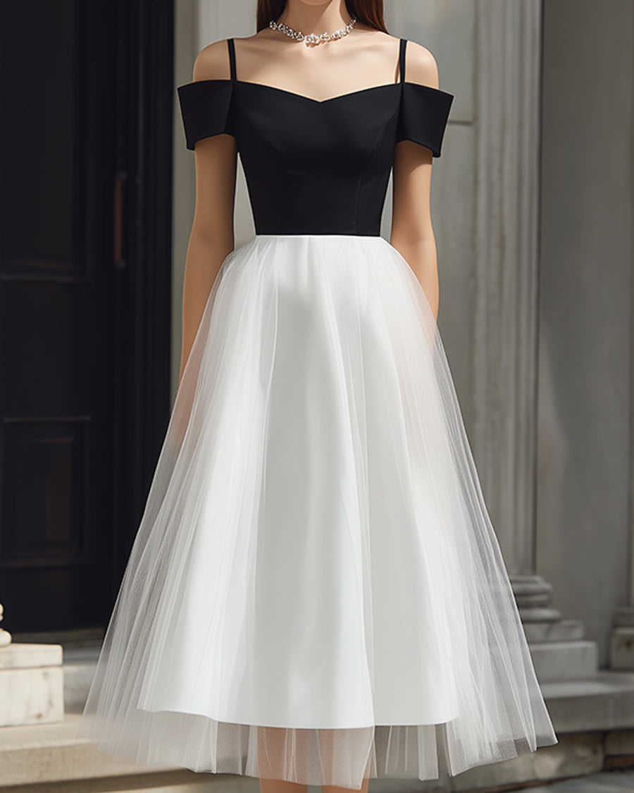 Sukienka Midi A-Line z Tyllu z Detalami na Ramiączkach Off-Shoulder