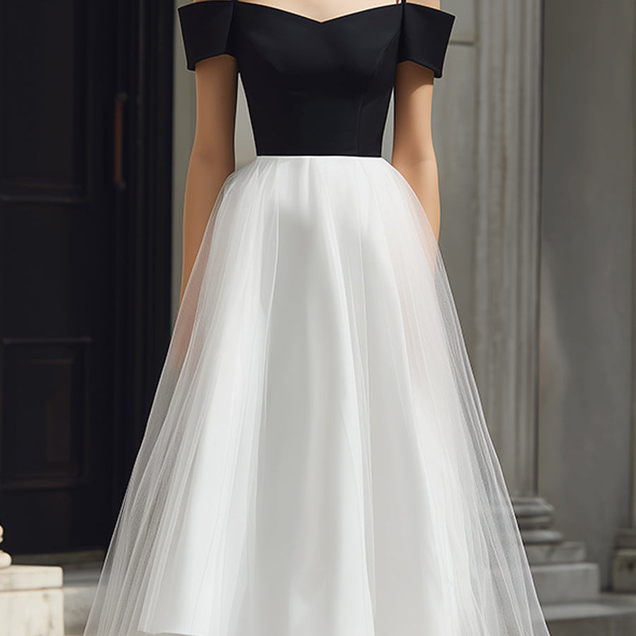 Sukienka Midi A-Line z Tyllu z Detalami na Ramiączkach Off-Shoulder