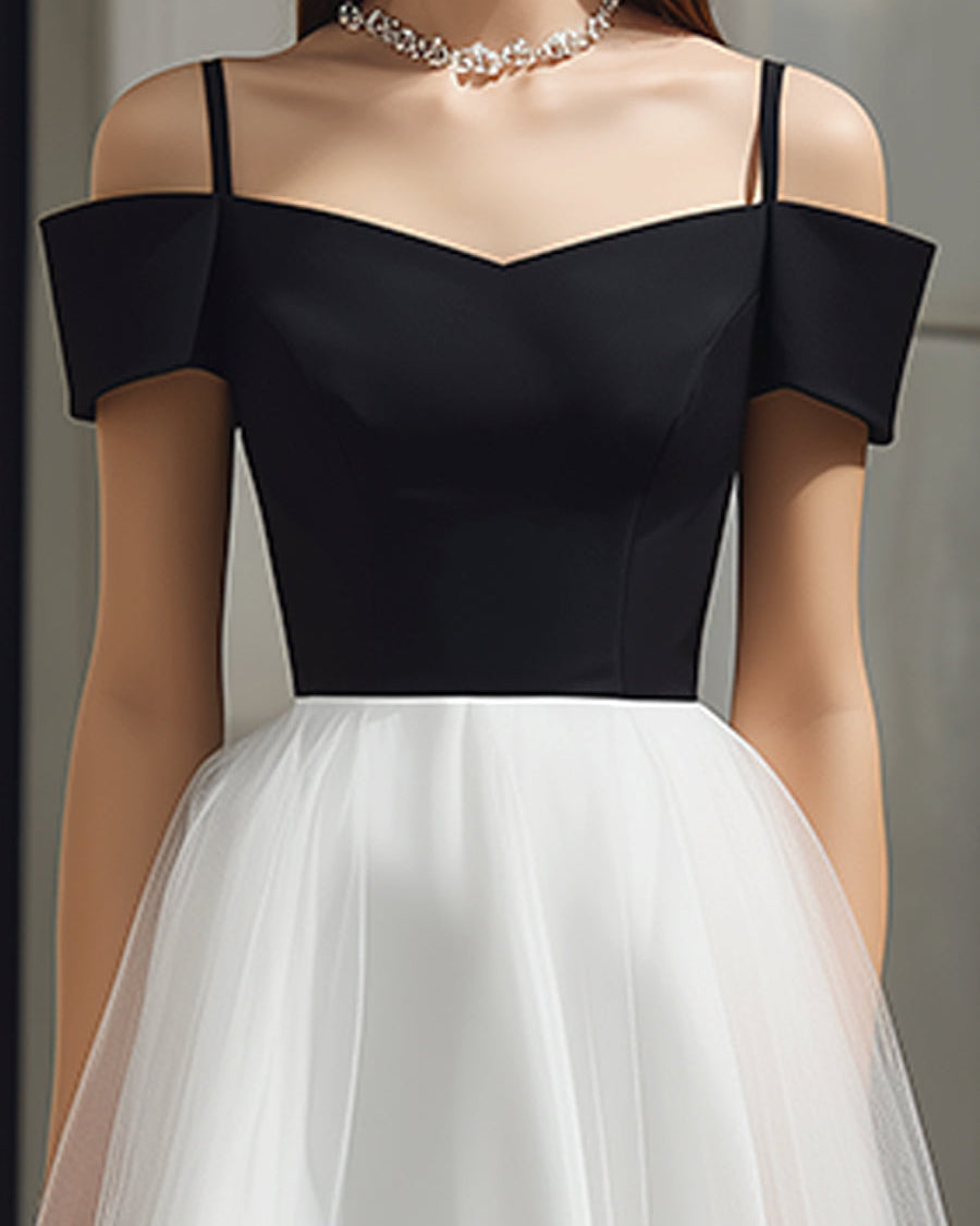 Sukienka Midi A-Line z Tyllu z Detalami na Ramiączkach Off-Shoulder