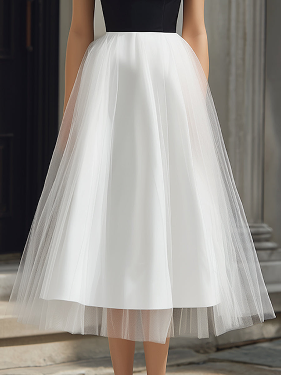 Sukienka Midi A-Line z Tyllu z Detalami na Ramiączkach Off-Shoulder