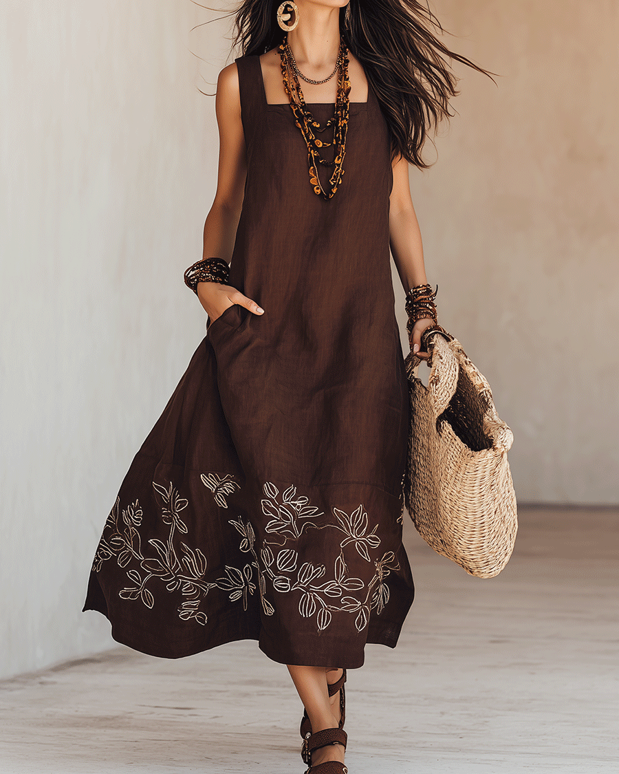 NOEMI | Midi Sukienka Lniania Boho Haftowana