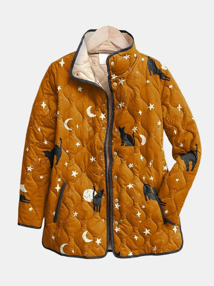 Lumeia | Casual Czarna Kotka Halloween Print Pikowana Kurtka