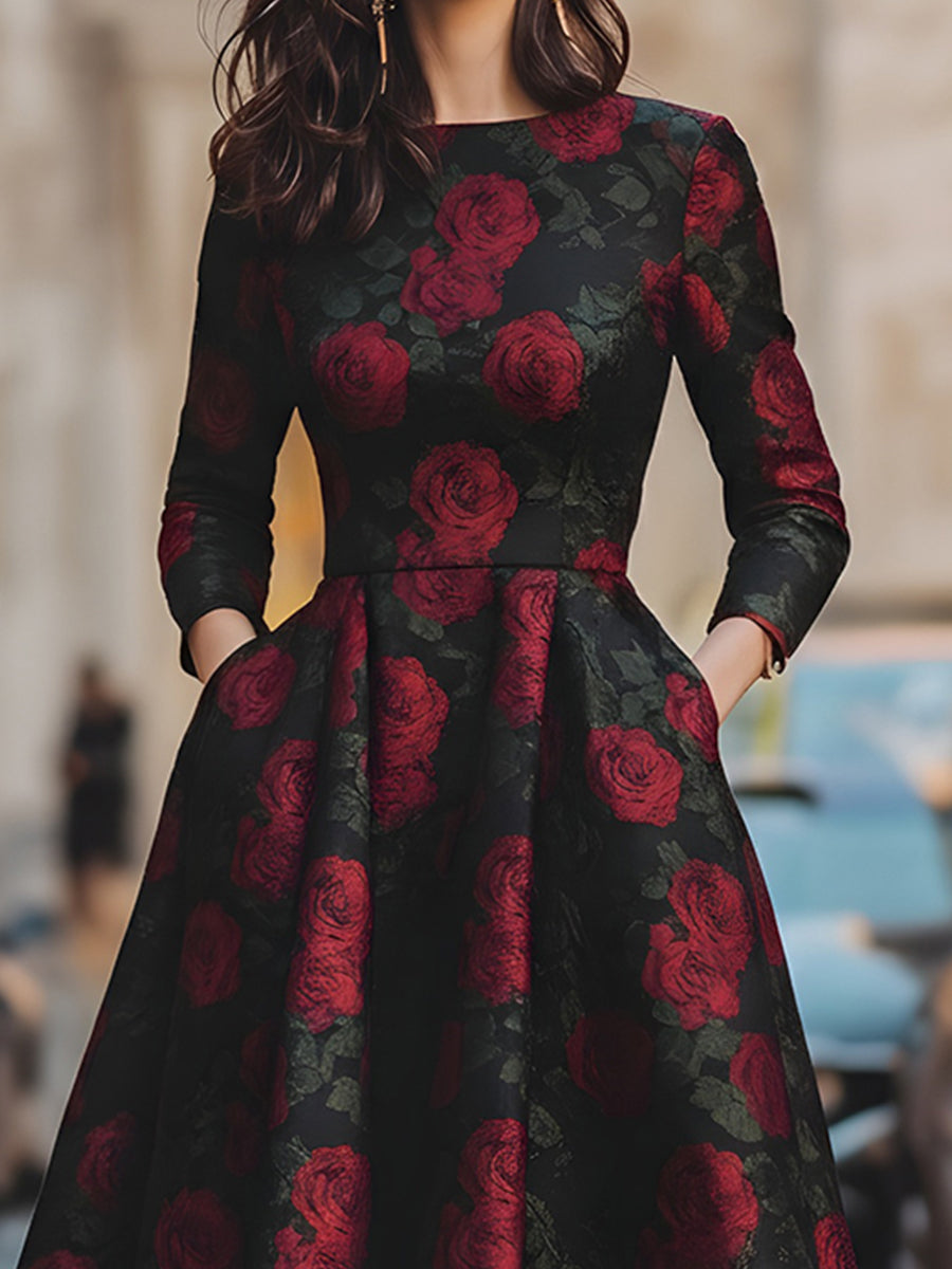 Elegancka Midi Sukienka z Wzorem Róż w Żakardzie
