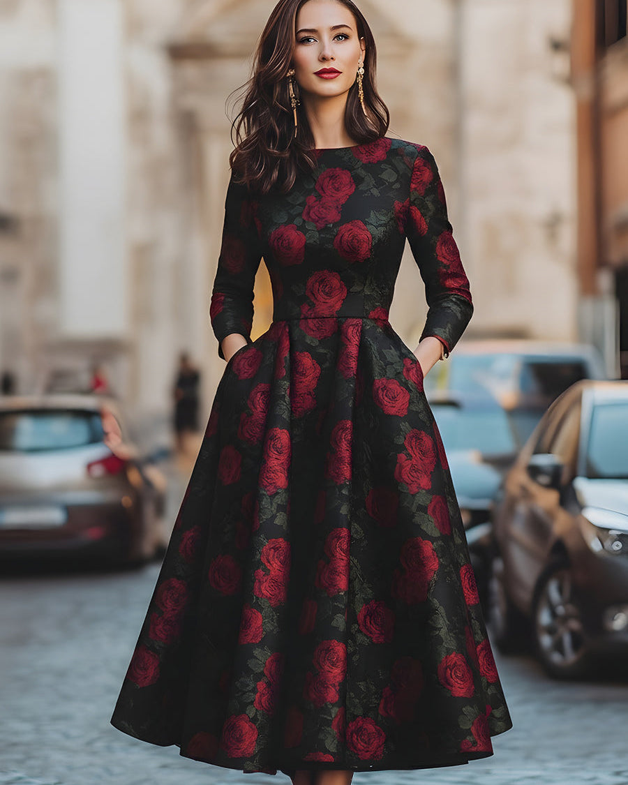 Elegancka Midi Sukienka z Wzorem Róż w Żakardzie