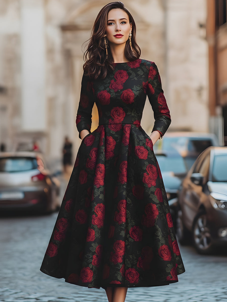 Elegancka Midi Sukienka z Wzorem Róż w Żakardzie