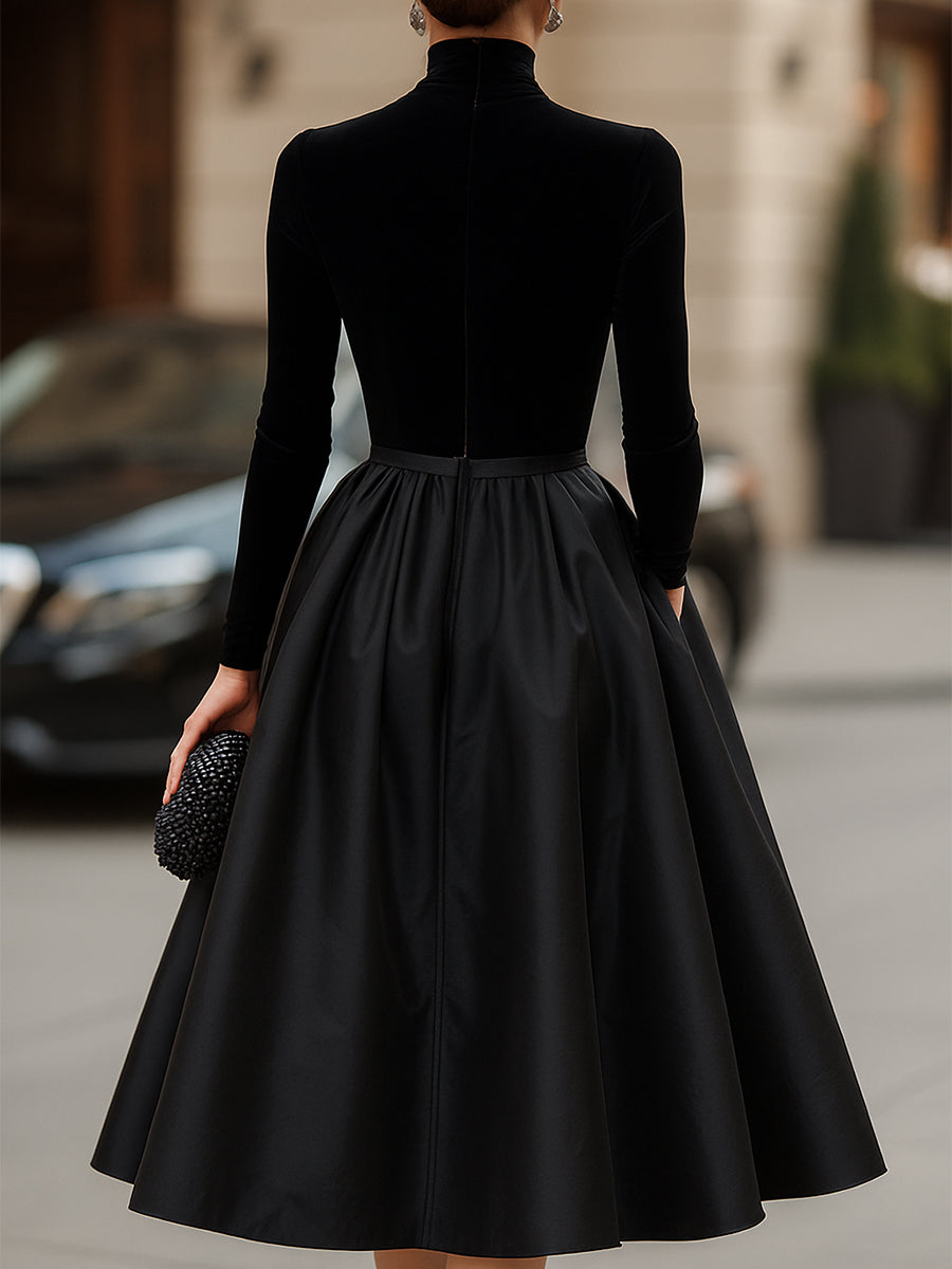 Elegancka Czarna Sukienka Midi z Aksamitą i Satyną