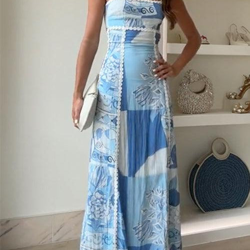 Eleonore | Sukienka Maxi z Fasonem na Plecach z Kokardą i Wzorem Ric Rac