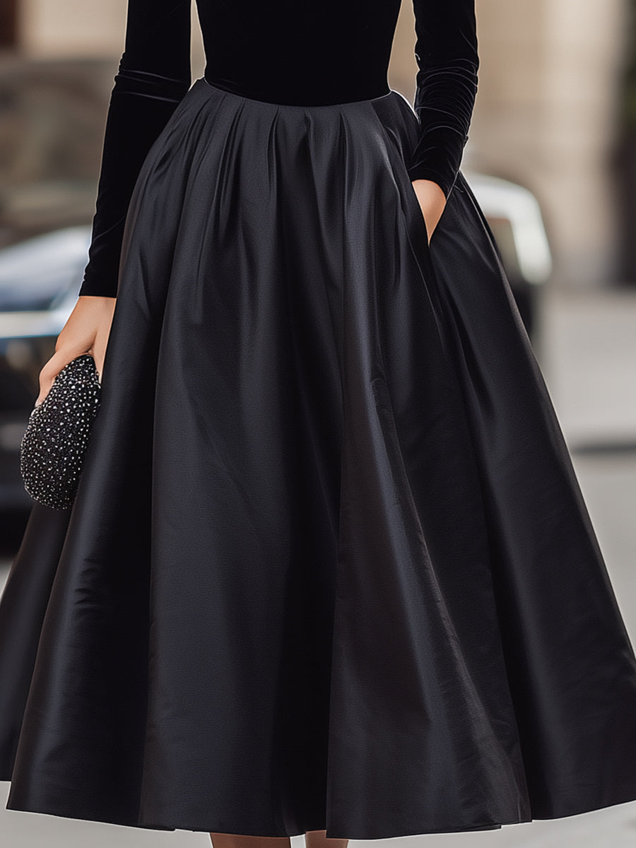 Elegancka Czarna Sukienka Midi z Aksamitą i Satyną