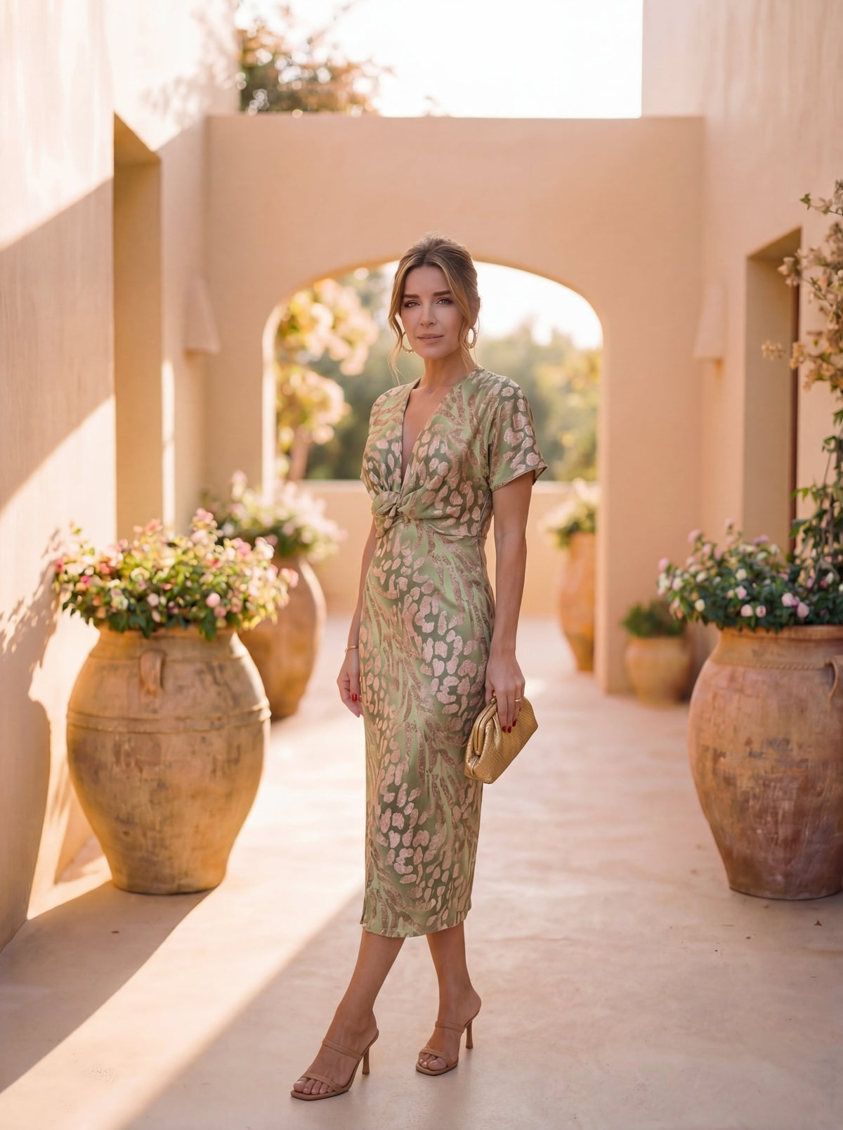 Antonella – Elegancka Sukienka Midi z Miedzianych Tonów