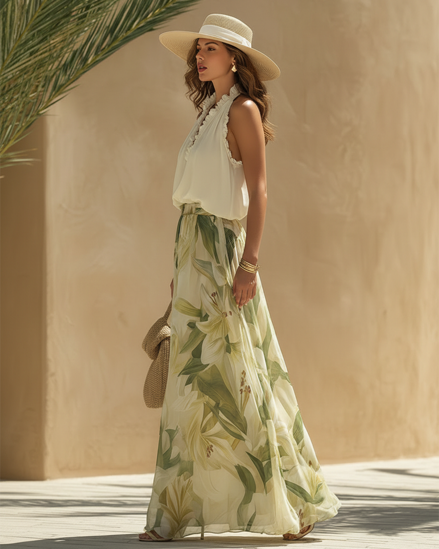 Lysandra™ | Elegancki komplet z kwiatowym nadrukiem — top halter i szerokie spodnie