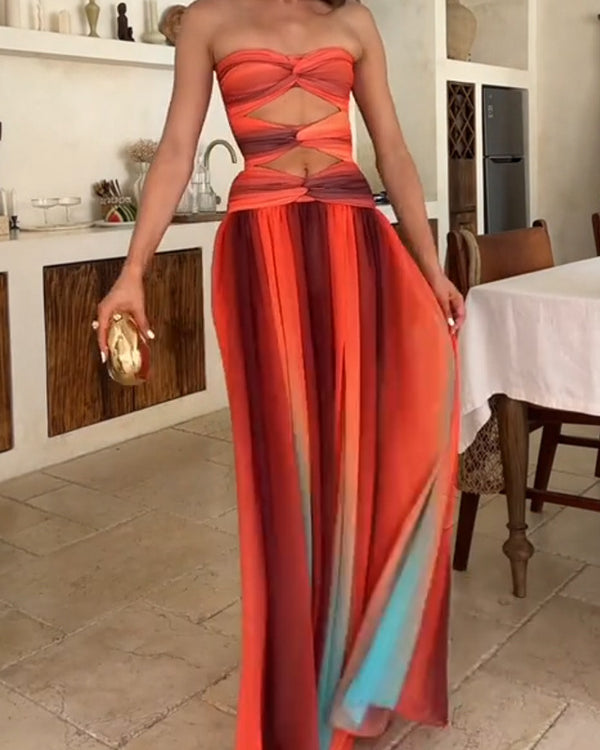 Sukienka Maxi Sunset – Off-Shoulder z Gradientem i Frendzlami