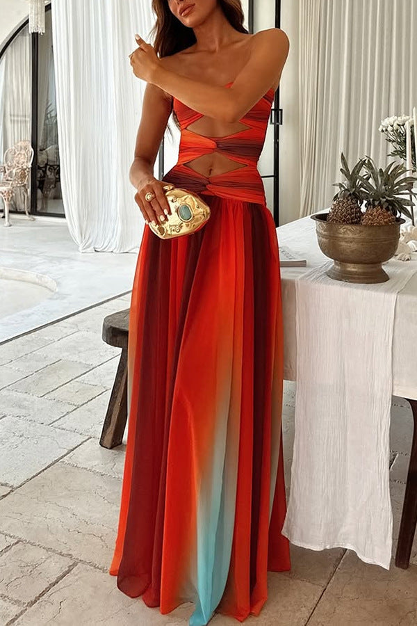 Sukienka Maxi Sunset – Off-Shoulder z Gradientem i Frendzlami