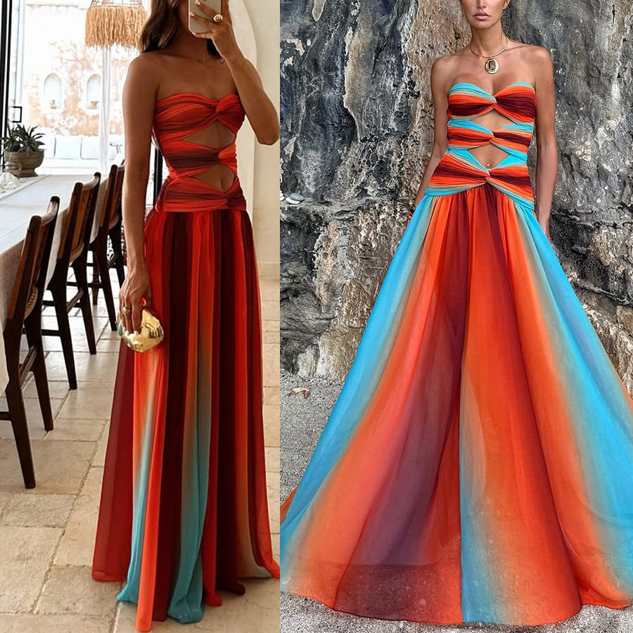 Sukienka Maxi Sunset – Off-Shoulder z Gradientem i Frendzlami