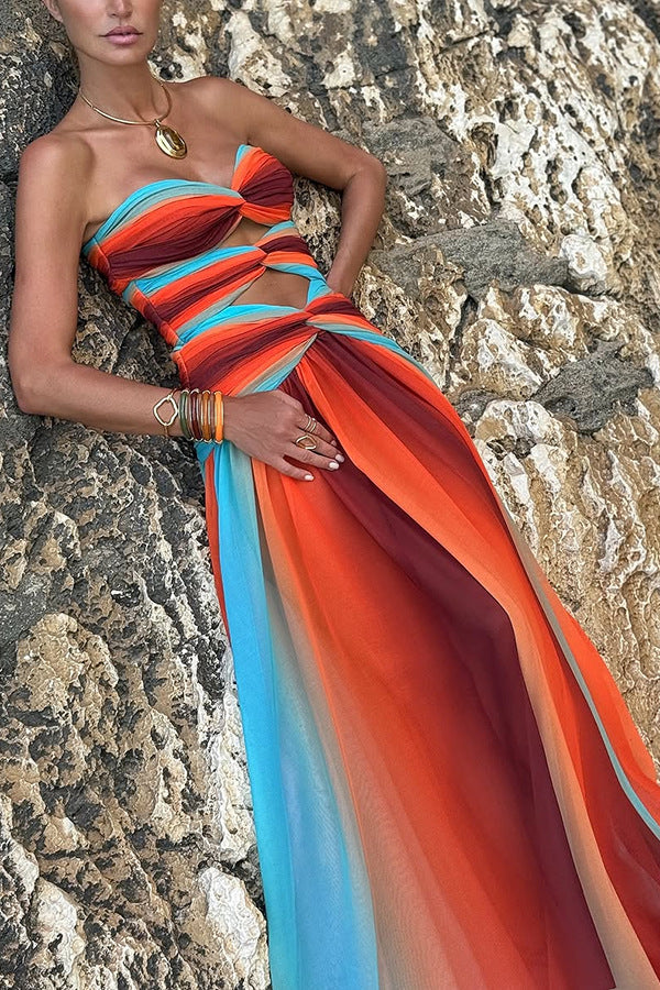 Sukienka Maxi Sunset – Off-Shoulder z Gradientem i Frendzlami