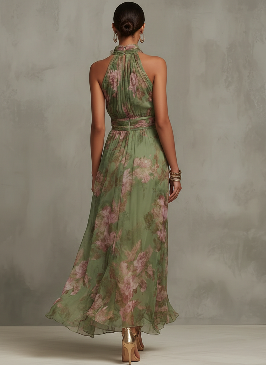 Serena ∙ Zielona, długa sukienka z szyfonu w kwiatowy wzór z dekoltem typu halter