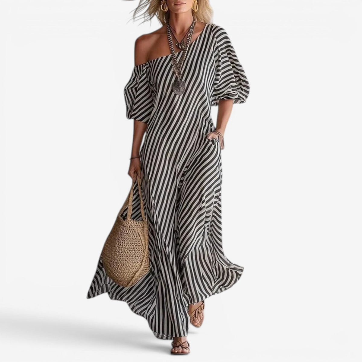 Inoni – Luzy Sukienka Maxi w Paski na Lato i Wakacje