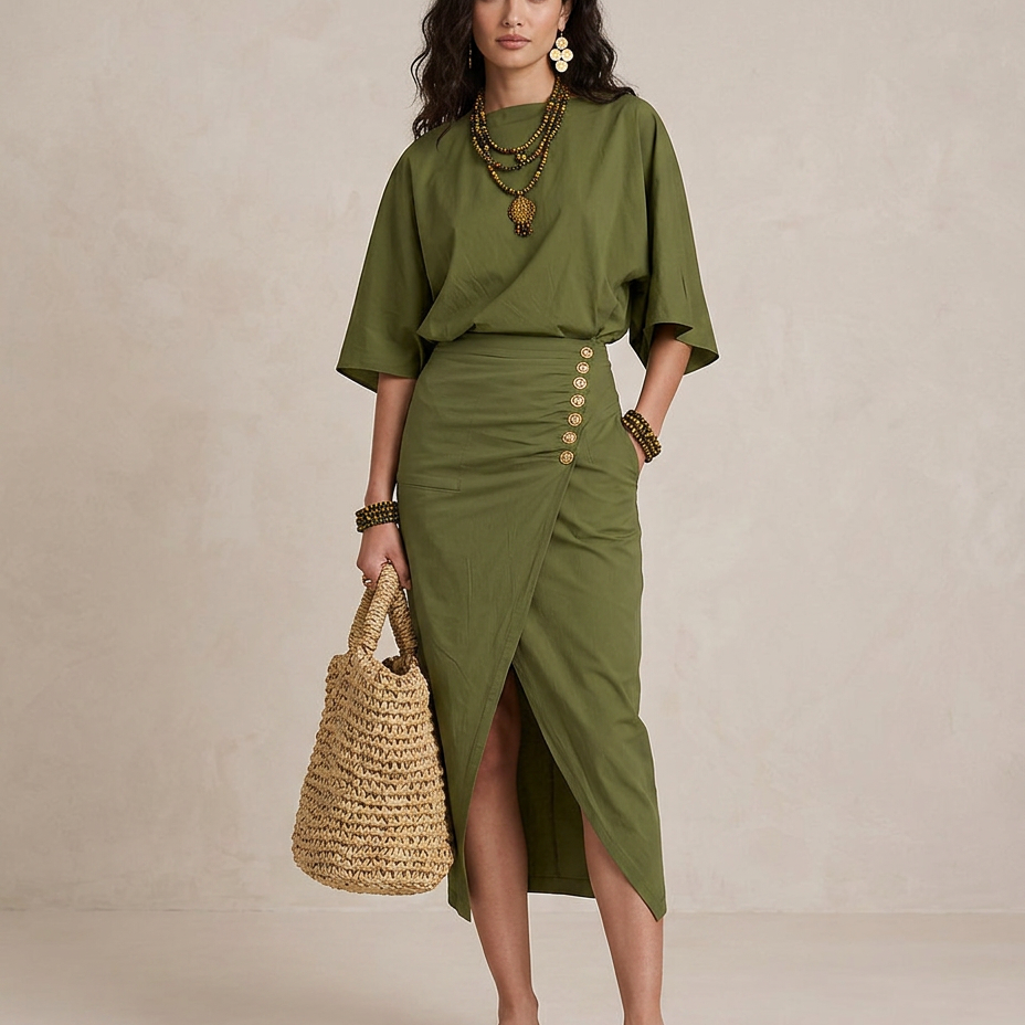 MARTA | Midi Sukienka Boho Zielona Oliwkowa