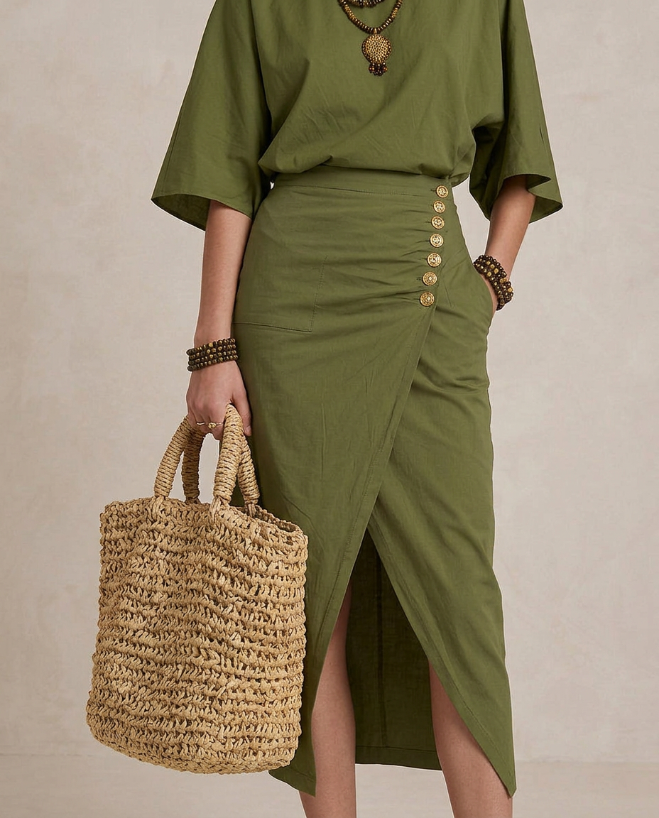 MARTA | Midi Sukienka Boho Zielona Oliwkowa