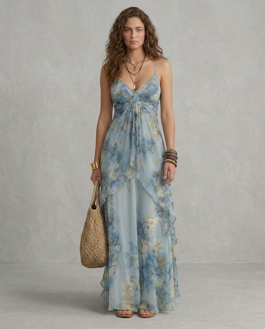 ELISA | Maxi Sukienka Slip Floreale Azzurro