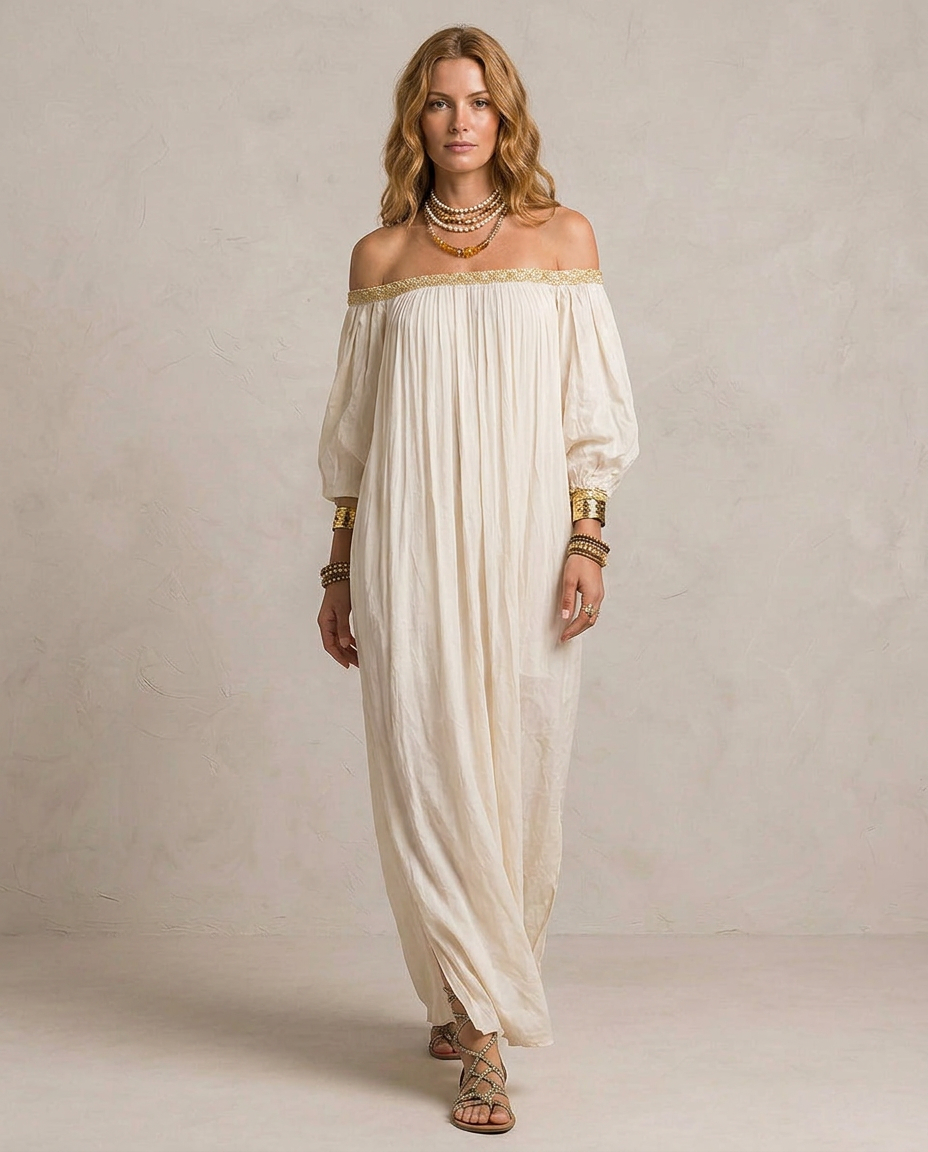 ISABELLA | Maxi Sukienka Boho Plissé Kremowa