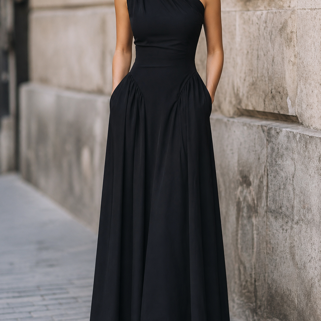 Elegancka Sukienka Koktajlowa na Jedno Ramię w Kształcie A